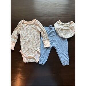 Tiny Kind Bamboo Viscose 3PC Infant Set Bodysuit Pants Bib Blue Cream 0-3 Months